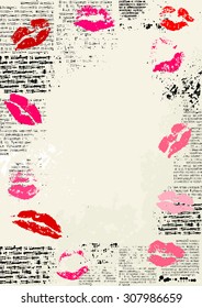 Bordered Background. Vertical grunge background with prints of kiss.