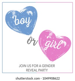 Bordered Pink and Blue Watercolor brush hearts Gender Reveal Invitation. Boy or girl? Template for party.