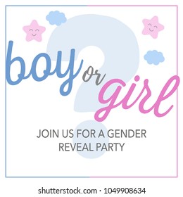 Bordered Pink and Blue Watercolor brush hearts Gender Reveal Invitation. Boy or girl? Template for party with clouds and stars.