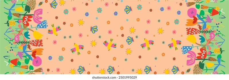 Bordered Summer Children's Colorful Flowers Birds Delicate Rapport Pink Background
 textile infinite print