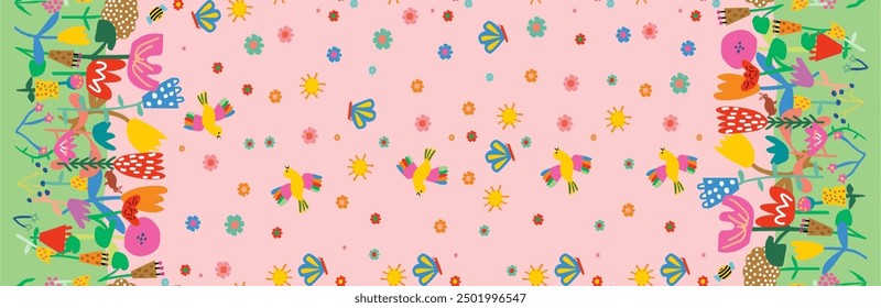 Bordered Summer Children's Colorful Flowers Birds Delicate Rapport Pink Background
 textile infinite print