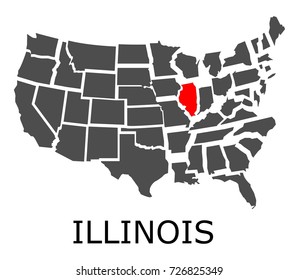 Bordering geographical map of USA with State of Illinois marked with red color.