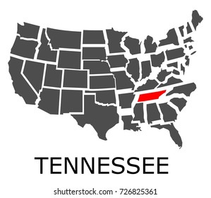 Bordering geographical map of USA with State of Tennessee marked with red color.