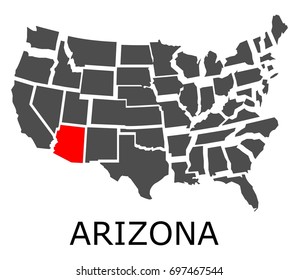 Bordering map of USA with Arizona state marked with red color.