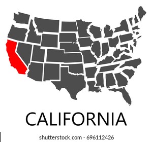 Bordering map of USA with State of California marked with red color.