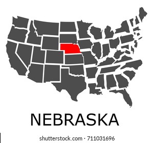 Bordering map of USA with State of Nebraska marked with red color.