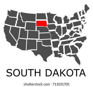 Bordering map of USA with State of South Dakota marked with red color.