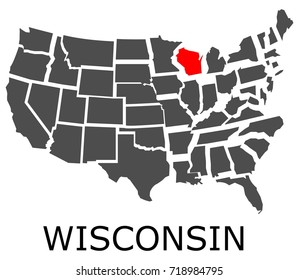 Bordering map of USA with State of Wisconsin marked with red color.
