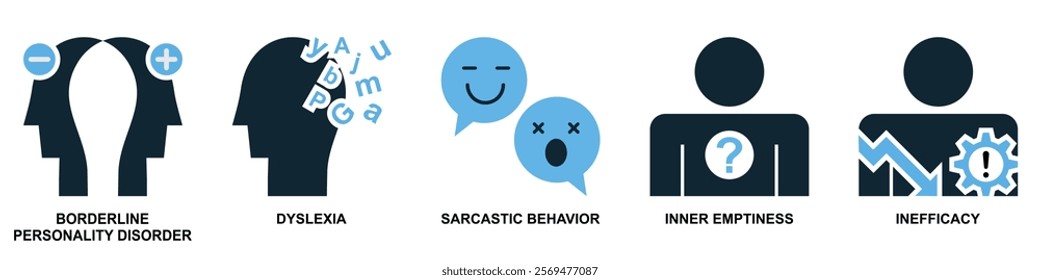 Borderline Personality Disorder, Dyslexia, Sarcastic Behavior, Inner Emptiness, Inefficacy Psychology Icon Vector - Emotional and Cognitive Disorders Conceptual Design for Mental Health