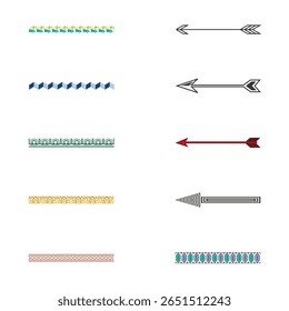Borders and arrows. Traditional and ethnic motifs. Horizontal symmetry set. Colorful and monochrome.