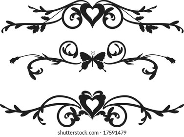 Borders with Butterfly, hearts and leaves, one color.