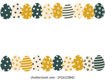 Borders with colored Easter eggs on white background - decorative chicken eggs with ornament for festive design