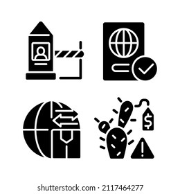 Borders control measures black glyph icons set on white space. Contraband prevention. Checkpoint examination. Illegal trade prohibition. Silhouette symbols. Vector isolated illustration