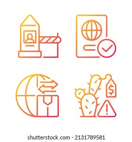 Borders control measures gradient linear vector icons set. Contraband prevention. Illegal trade prohibition. Thin line contour symbols bundle. Isolated outline illustrations collection