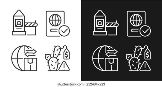 Borders control measures linear icons set for dark and light mode. Contraband prohibition. Customizable thin line symbols. Isolated vector outline illustrations. Editable stroke. Pixel perfect