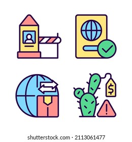 Borders control measures RGB color icons set. Contraband prevention. Illegal trade prohibition. Isolated vector illustrations. Simple filled line drawings collection. Editable stroke. Pixel perfect