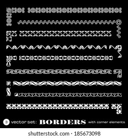 Borders with corner elements isolated on black background - set 3