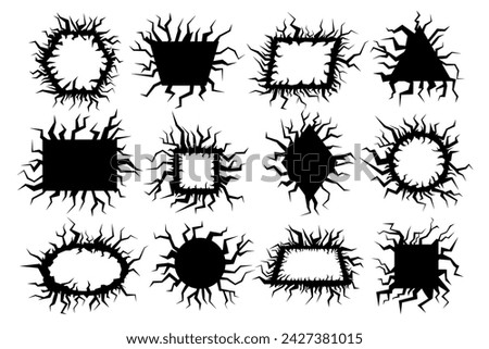 Borders with cracks and fractures design. Vector isolated empty geometric frames with crackles, square and triangle, circle and rhombus, hexagon and oval figure for graphics. Blank and silhouettes