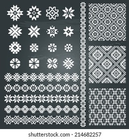 Borders and decoration elements patterns in white color isolated on chalkboard background. Most popular ethnic signs in one mega pack set collections. Vector illustrations 