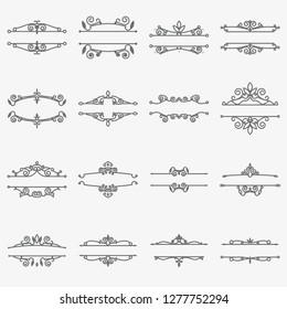 Borders and dividers decorative vignette elements set. Retro elements for text and logos. Elegant curls, arrows, lines on a gray background.