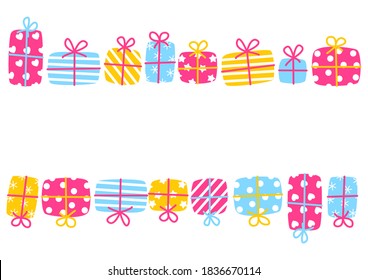 Borders with doodle gift boxes isolated on white - festive background with a present boxes for Birthday, Christmas, New Year and holiday