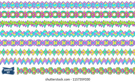 Borders doodle vectors set. Seamless borders. Ribbons. Kid drawing. Children book. Ethnic ornaments. Doodle dividers collection. Abstract dividers. Sketch. Tribal. Aztec. Colorful vector collection.
