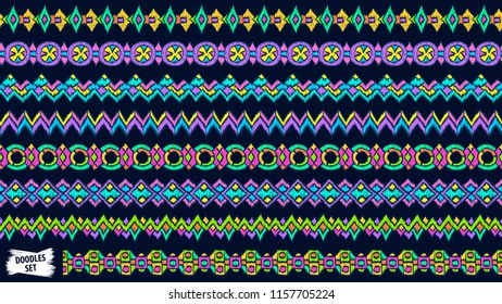 Borders doodle vectors set. Seamless borders. Ribbons. Ethnic ornaments. Doodle dividers collection. Sketch. Tribal. Aztec. Colorful.