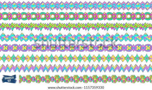 Borders doodle vectors set. Seamless borders.\
Ribbons. Kid drawing. Children book. Ethnic ornaments. Doodle\
dividers collection. Abstract dividers. Sketch. Tribal. Aztec.\
Colorful vector\
collection.