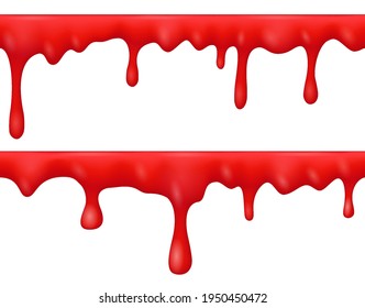 Borders of dripping blood, liquid red paint, sauce or ketchup isolated on transparent background. Vector realistic set of bloody spill, flows of gore with drops. Scary seamless pattern for Halloween