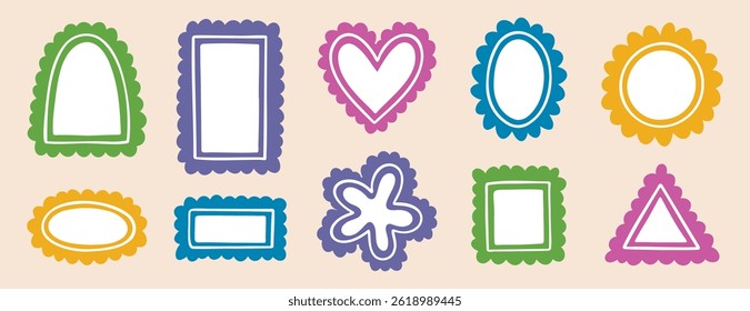 borders empty frames template cute wavy line doodle set. round shape, heart square rectangle arch triangle or oval. Colorful collection bundle vector illustration. Vector illustration
