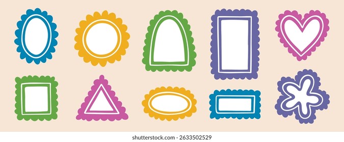 bordas molduras vazias modelo bonito linha ondulada doodle set. forma redonda, coração quadrado retângulo arco triângulo ou oval. Ilustração de vetor de conjunto de coleção colorida. Ilustração vetorial