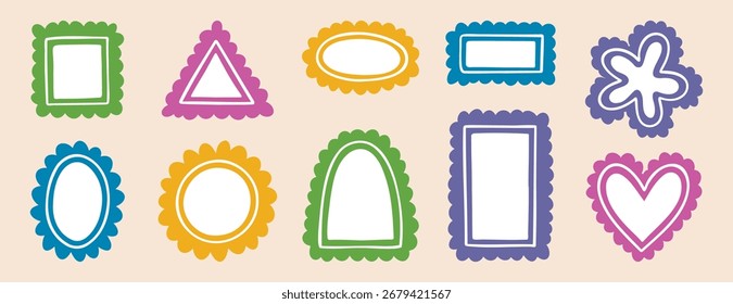 borders empty frames template cute wavy line doodle set. round shape, heart square rectangle arch triangle or oval. Colorful collection bundle vector illustration. Vector illustration