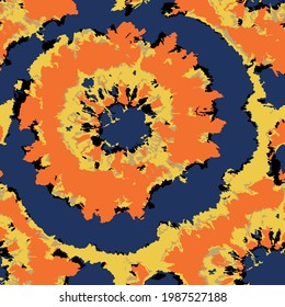 Grenzen. Ethnische Printmedien. Geo Psychedelic Ornament. Blauer Tonal Vektor Tie Färbung Textur Wiederholung. Creative Textile Print. Orange Tie Dye Rug. Wasserfarbe Böhmische Tile. Waschwirkung.