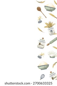 bordas com cozinha rústica e elementos de cozimento: panelas, pranchas de corte, ovos, ornamentos florais e texto. Padrões de vetor de aquarela desenhados à mão para menus, cartões de receita e design de impressão.