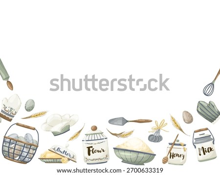 borders featuring rustic kitchen and baking elements: pots, cutting boards, eggs, floral ornaments, and text. Hand-drawn watercolor vector patterns for menus, recipe cards, and print design.