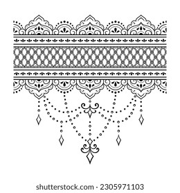 Bordes con flor para el diseño, aplicación de henna, Mehndi y tatuaje. Decoración de estilo étnico oriental, indio. Ornamento de perro. Ilustración vectorial de dibujo manual de contorno.