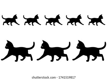 Borders in the form of figures of funny kittens walking one after another. Black silhouettes of cats isolated on a white background. Vector illustration.