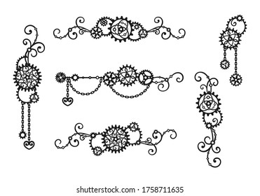 Grenzen und Rahmen von Zahnrädern, Ketten und Bordüren. Mechanismus. Steampunk. Set dekorativer Elemente für eine stilvolle Urlaubskarte, Beschilderung, Etiketten, Laser- und Plotterschneiden. Vektordesign-Vorlage