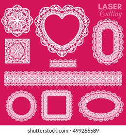 Borders and frames in the same style. Oval, square, round, heart forms of lace frames. Image suited for cutting, laser cutting. It can be used as elements of the wedding design. Vintage style.