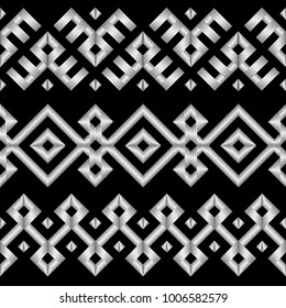 Borders with geometrical embroidery effect in black and white colors. Vector illustrations.