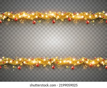 Borders with golden fir branches, stars, lights on transparent background. Pine, xmas evergreen plants banner. Vector Christmas tree and garland
