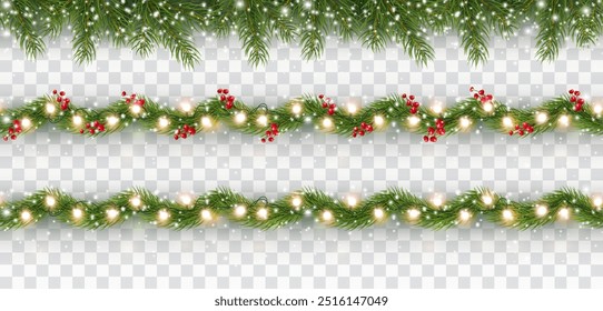 Borders with green fir branches, lights isolated on transparent background. Pine, xmas evergreen plants banners. Vector snow Christmas tree garland set