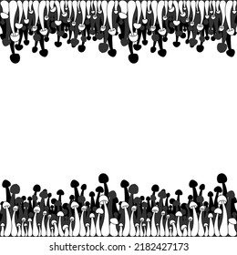 Borders of greyscale mushrooms vector simple illustration isolated on white background. Outline hand drawn sketched version. Vector mycology. Natural healthy fungus, autumn design.