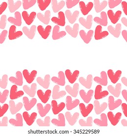 Borders made of brush drawn hearts. Seamless in horizontal direction. Valentine's Day vector background with space for text. Rough, artistic, uneven edges. Shades of red.