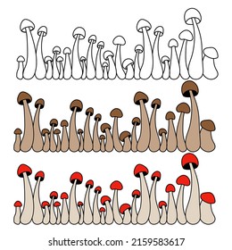 Borders of mushrooms vector simple illustration isolated on white background. Outline and coloured hand drawn version. Vector mycology. Natural healthy fungus, autumn design.