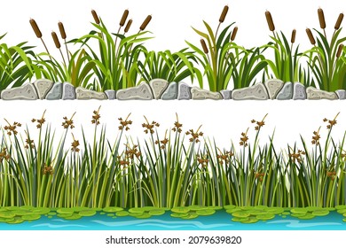 Borders old grey rock, reed, grass, water lily. Set of seamless strip swamp cattails. Vector stone sidewalks with bulrush for computer games isolated on white background. 
