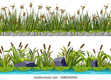 Borders old grey rock, reed, grass, water lily. Set of seamless strip swamp cattails. Vector stone sidewalks with bulrush for computer games isolated on white background.