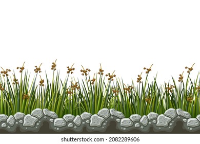 Borde roca gris, junco, hierba, nenúfares. Conjunto de capturas de pantano sin soldadura. Veredas de piedra vectorial con ráfaga para juegos de computadora aislados en fondo blanco.