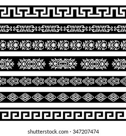 Borders with ornamental elements in asian style. Set 1. White on black. For divider or frame.