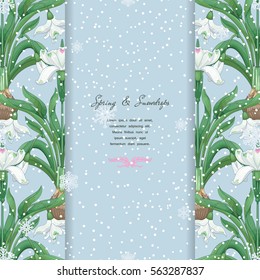 Borders with pattern of snowdrop flowers. Snowflakes on backdrop. Vector card. Place for your text. 